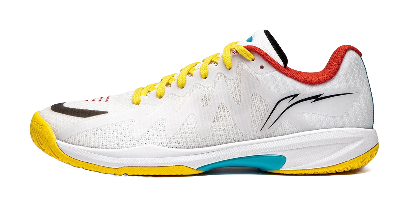 White table tennis shoe with yellow laces and yellow outsole, red and teal accents