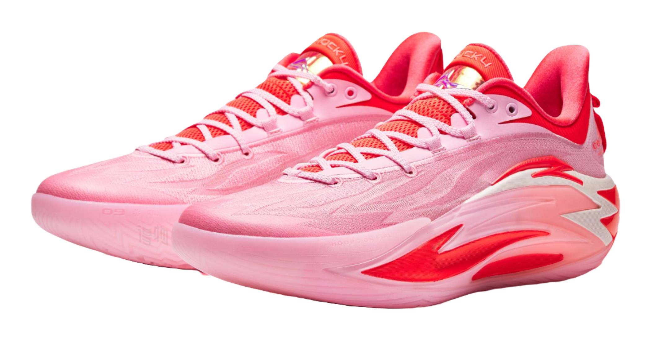 Pink basketball shoes pair, lace-up design with red side stripes and cushioned sole