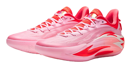 Pink basketball shoes pair, lace-up design with red side stripes and cushioned sole