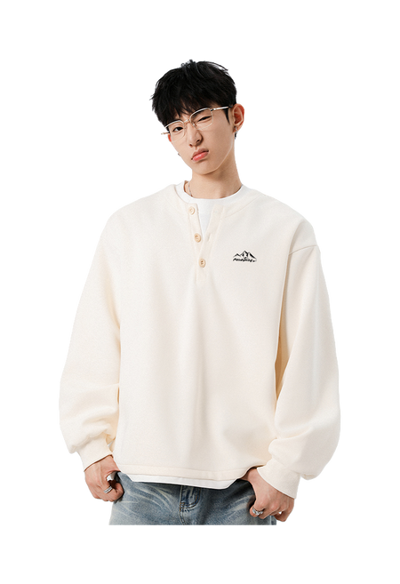 Warrior Revival Wind and Wave Series American Trendy College Style Letter Print Color Contrast Splicing Fake Two Piece Loose Casual Versatile Hoodie Bottom Wear Warm Henley Collar Long Sleeve T-shirt Unisex  vjsneaker.com