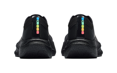 Pair of men's black running shoes, rear view with cushioned heel and colorful logo strip
