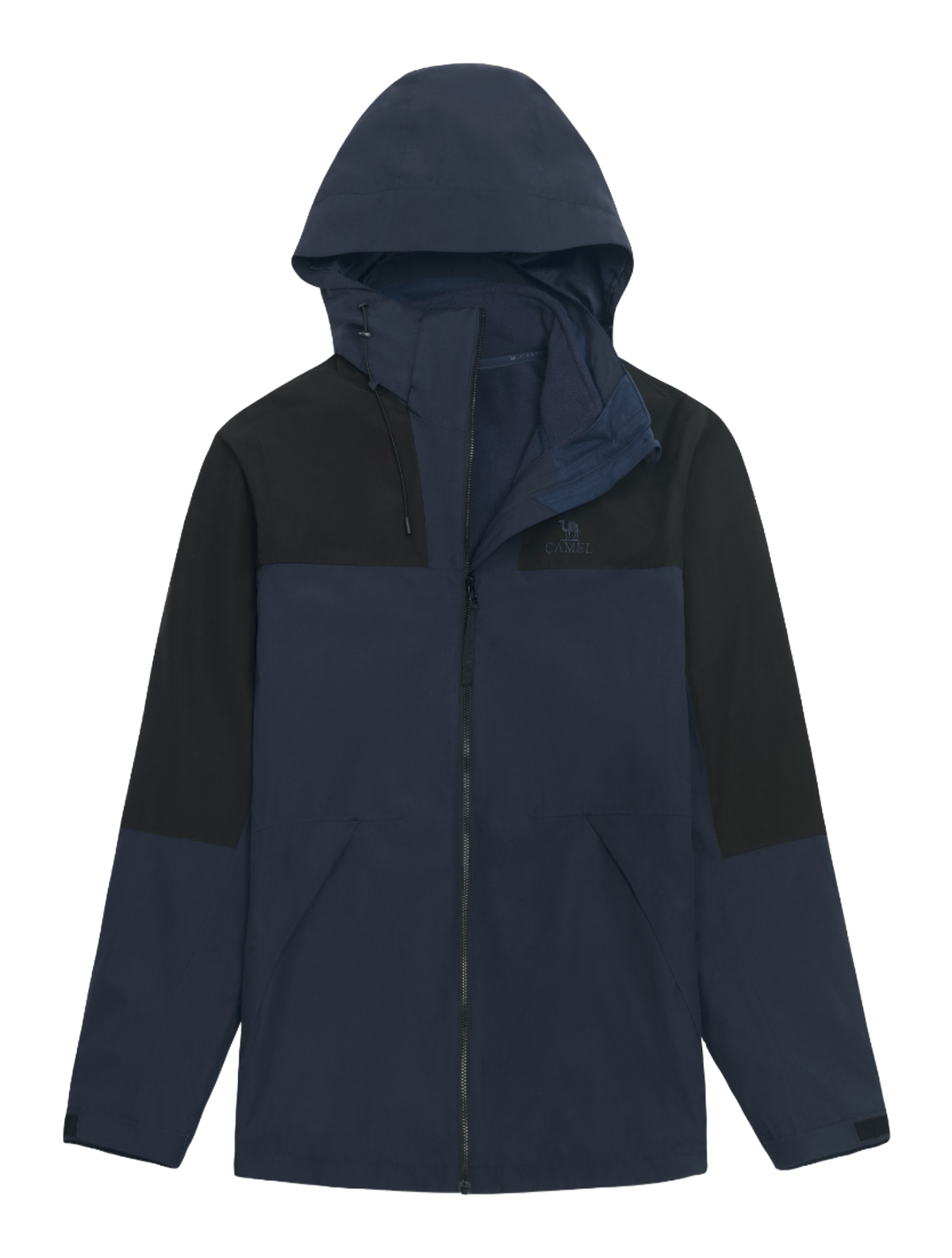 Colorblock windbreaker jacket with hood, full zip, dark navy and black sleeves, CAMEL logo.