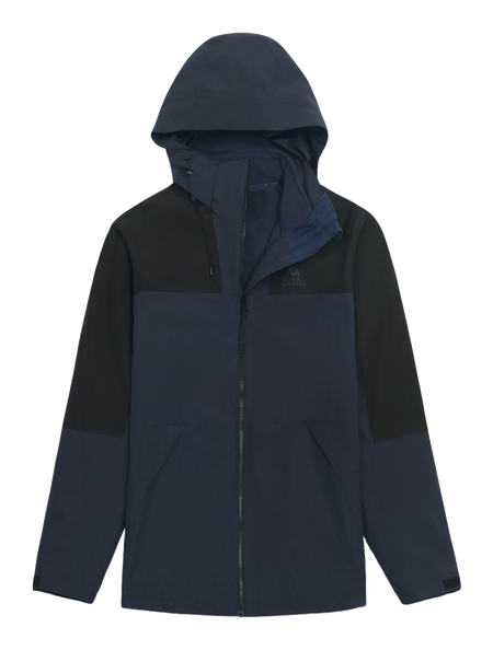 Colorblock windbreaker jacket with hood, full zip, dark navy and black sleeves, CAMEL logo.