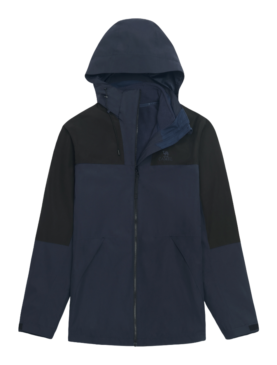 Colorblock windbreaker jacket with hood, full zip, dark navy and black sleeves, CAMEL logo.