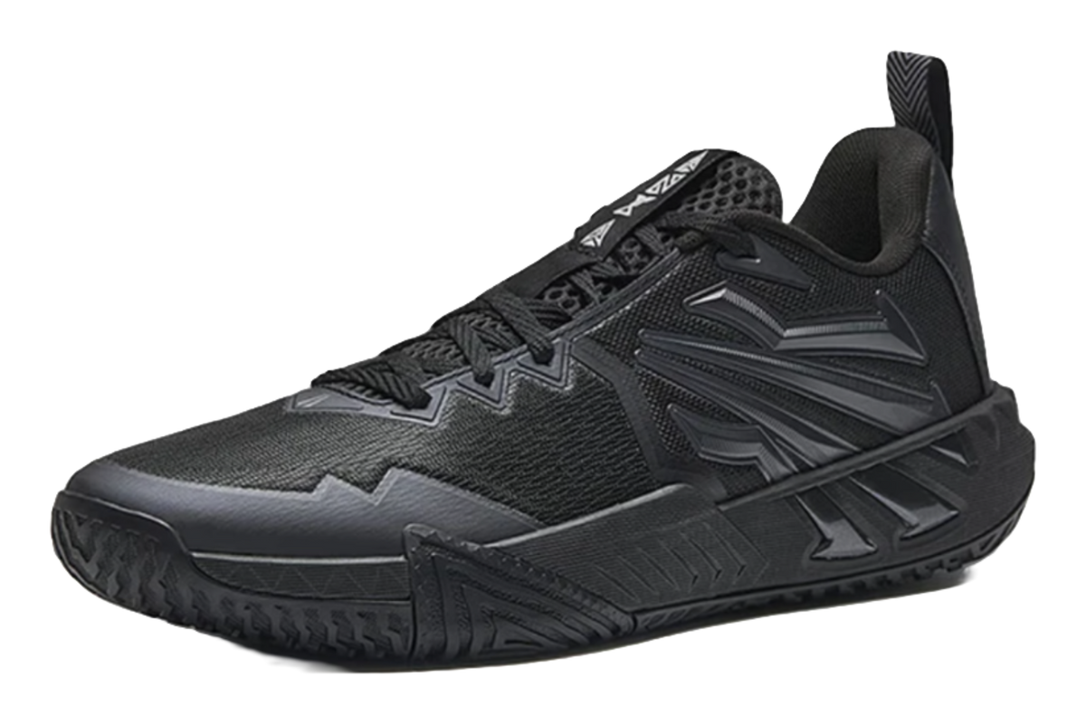 Black low-top basketball shoes with side logo detail and patterned midsole