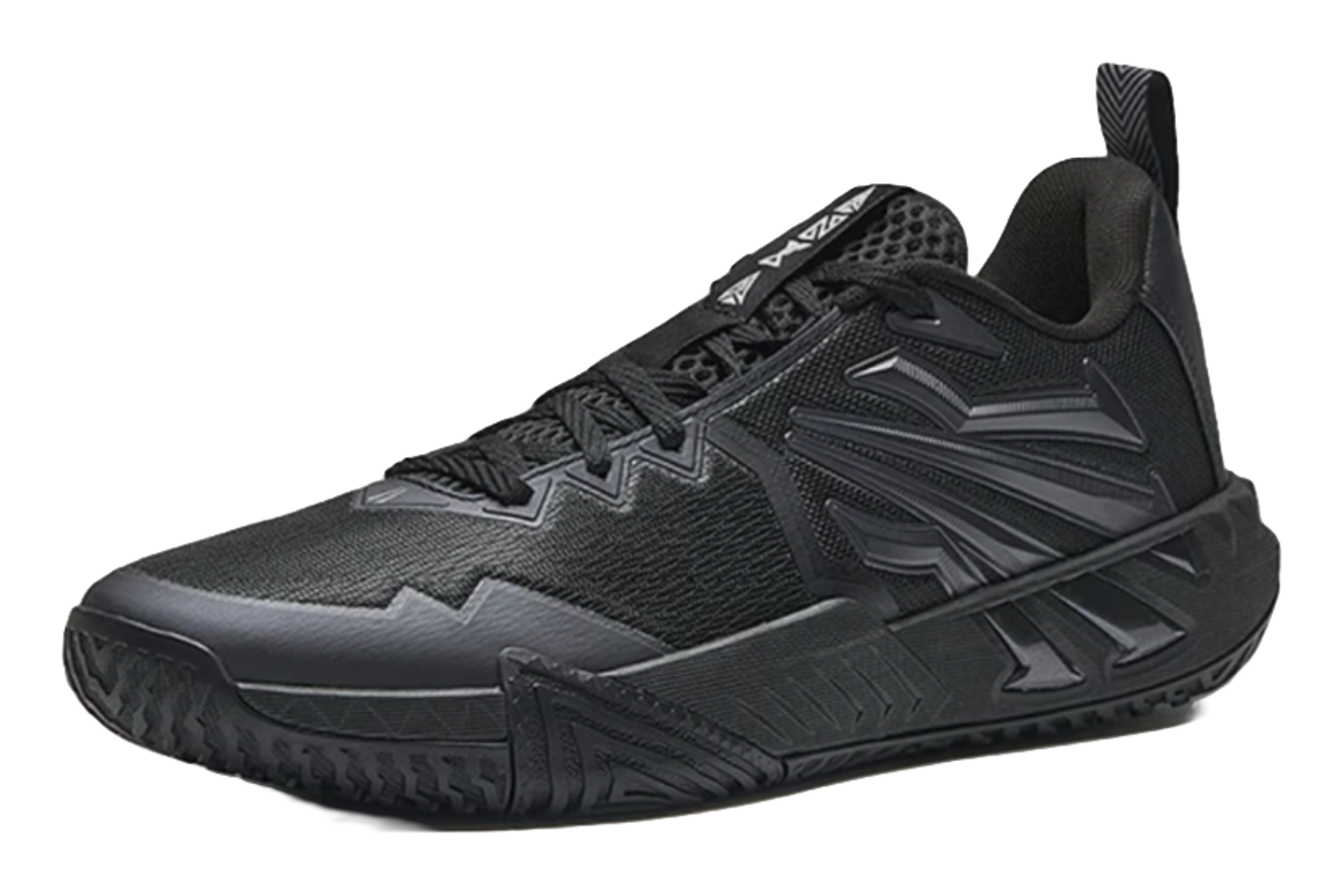 Black low-top basketball shoes with side logo detail and patterned midsole