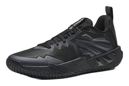 Black low-top basketball shoes with side logo detail and patterned midsole