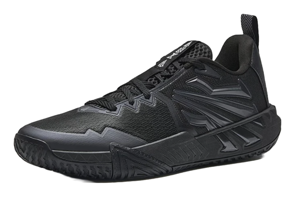 Black basketball shoe with mesh-textured vamp and zigzag side graphics