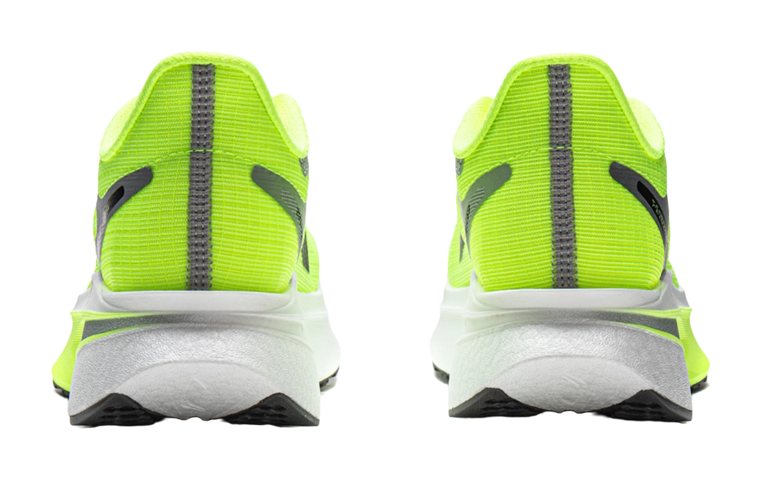 Neon green running shoes with gray heel counter and black vertical stripe