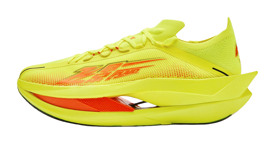 Bright yellow running shoes with orange side stripe and textured knit upper.