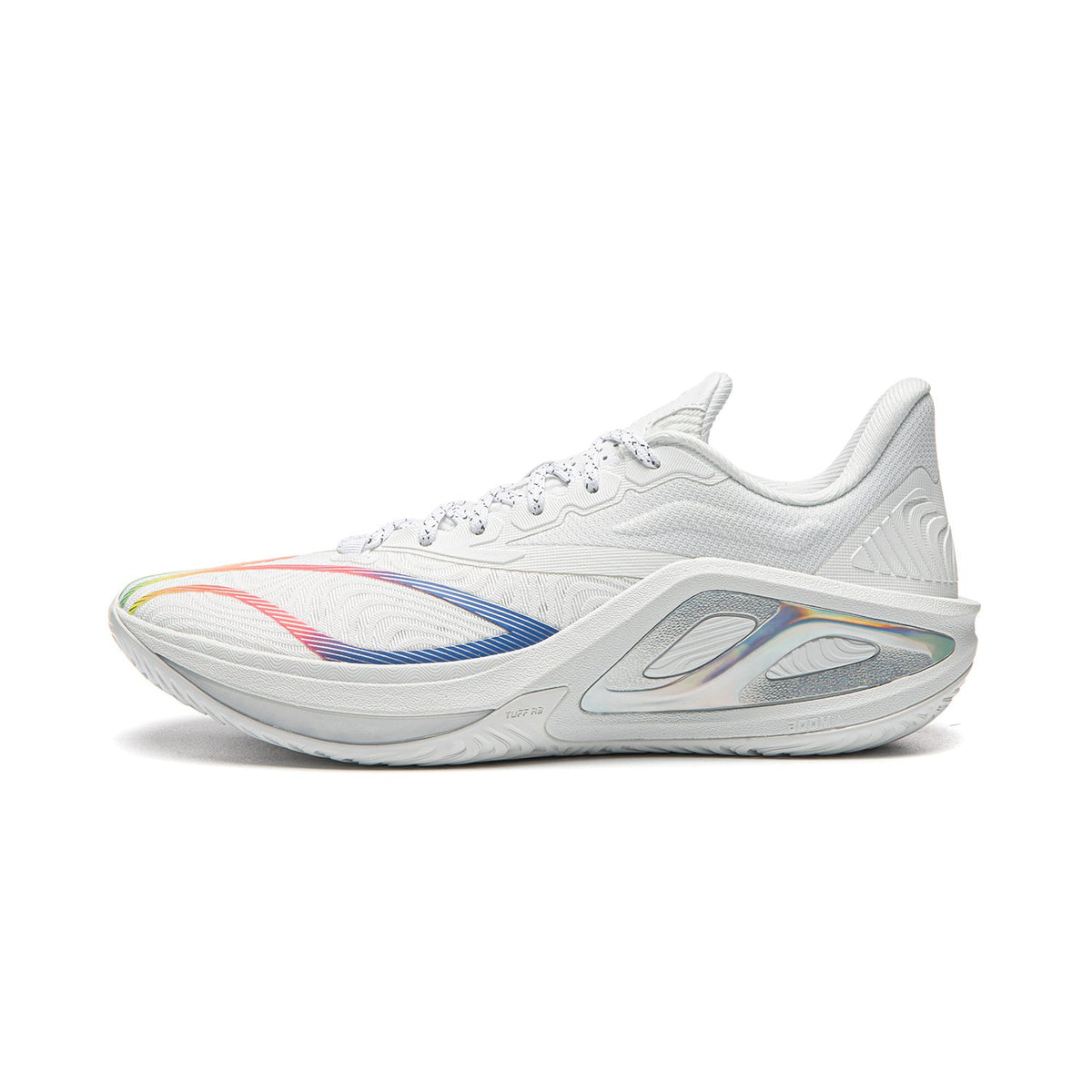 Men's white basketball shoe with rainbow side stripe and chunky cushioned sole