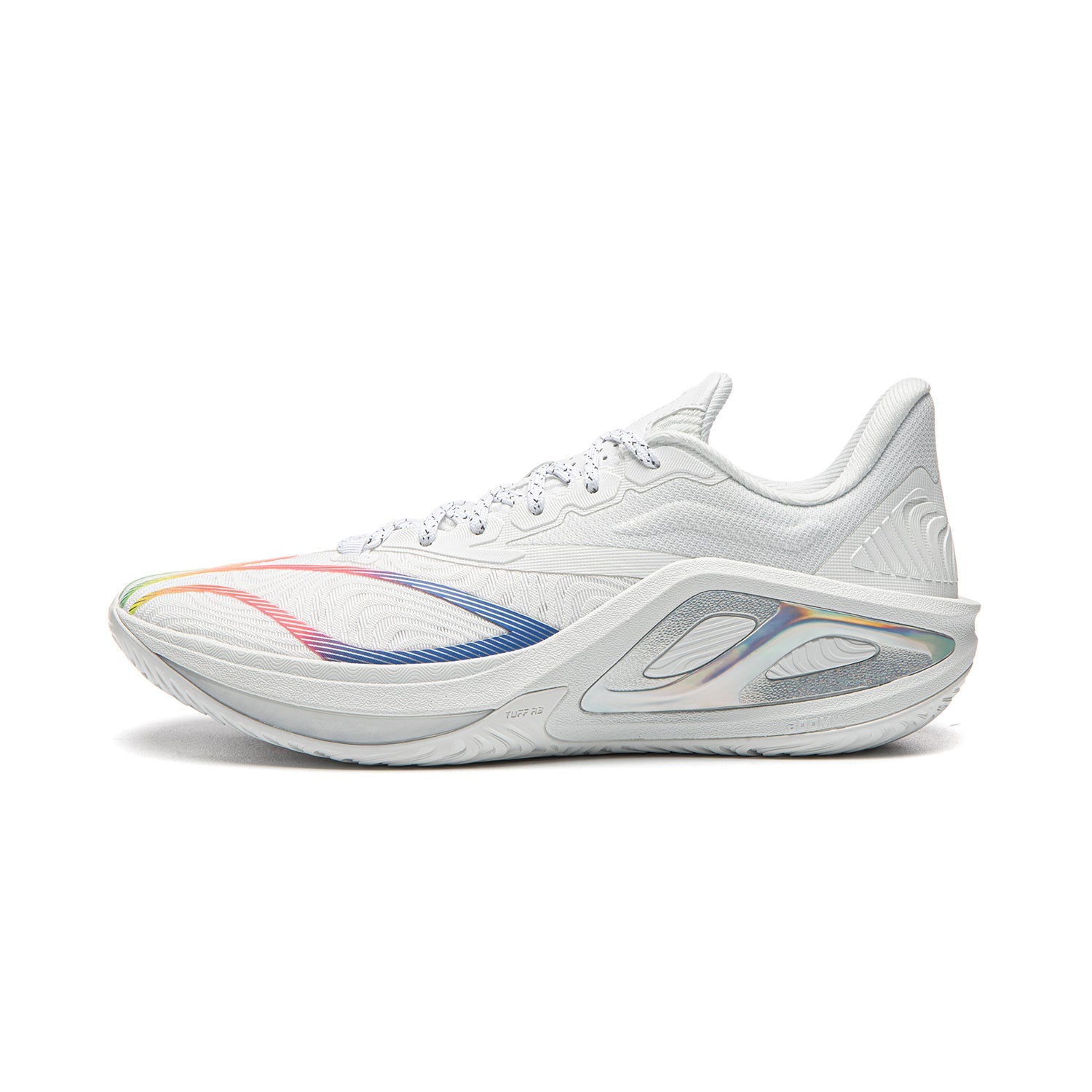 Men's white basketball shoe with rainbow side stripe and chunky cushioned sole