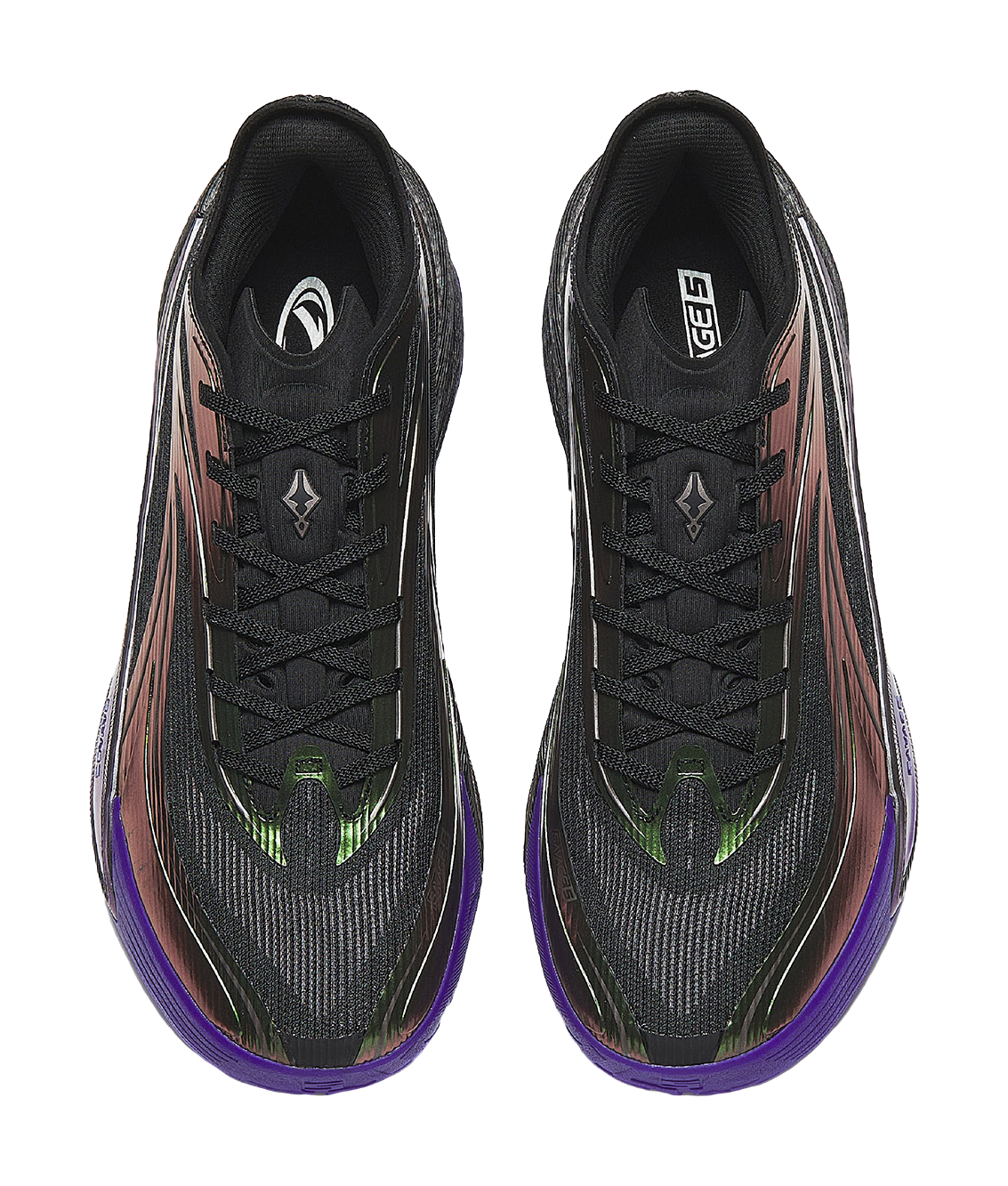 Pair of black lace-up basketball shoes with neon green accents and purple outsole