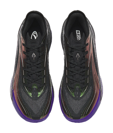 Pair of black lace-up basketball shoes with neon green accents and purple outsole