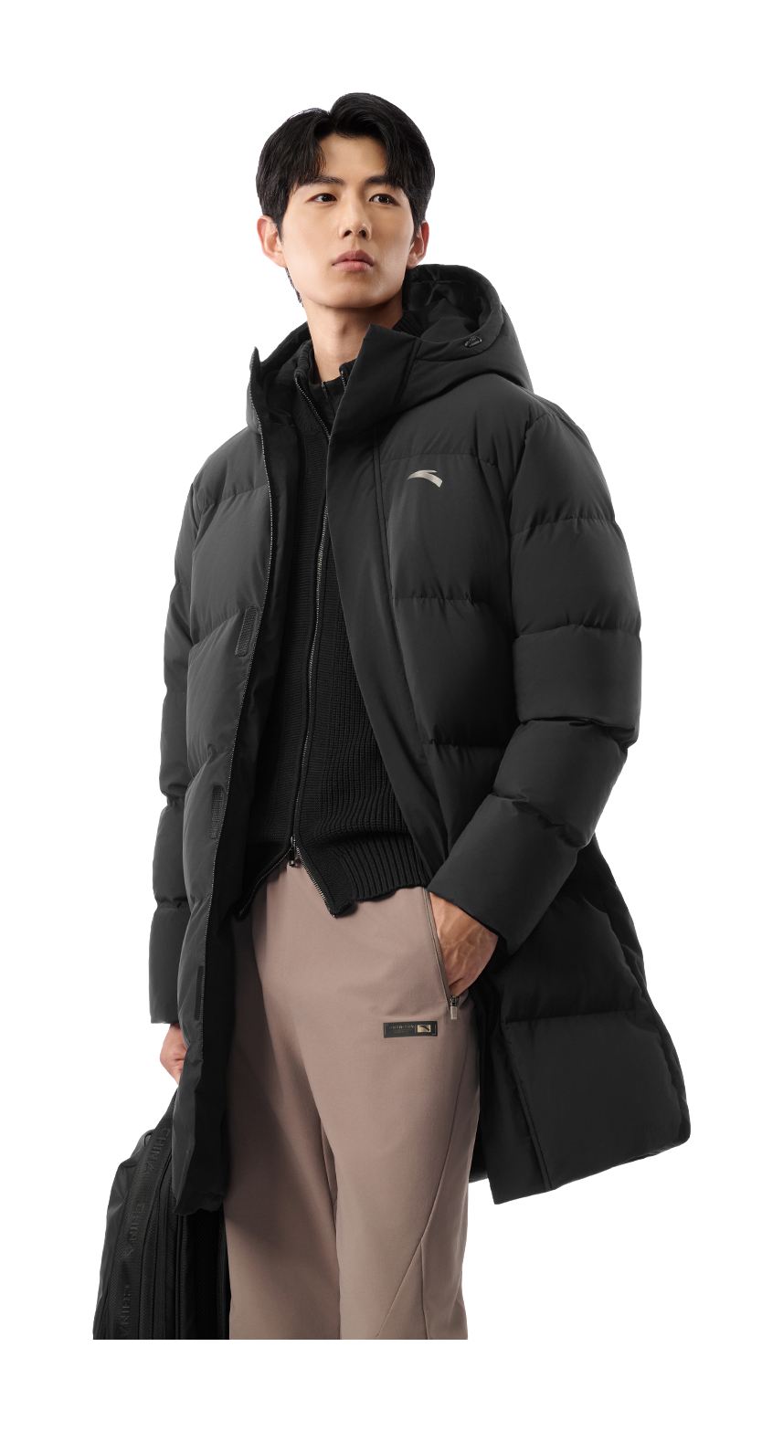 Men's black long puffer down jacket with hood and full-zip, worn view