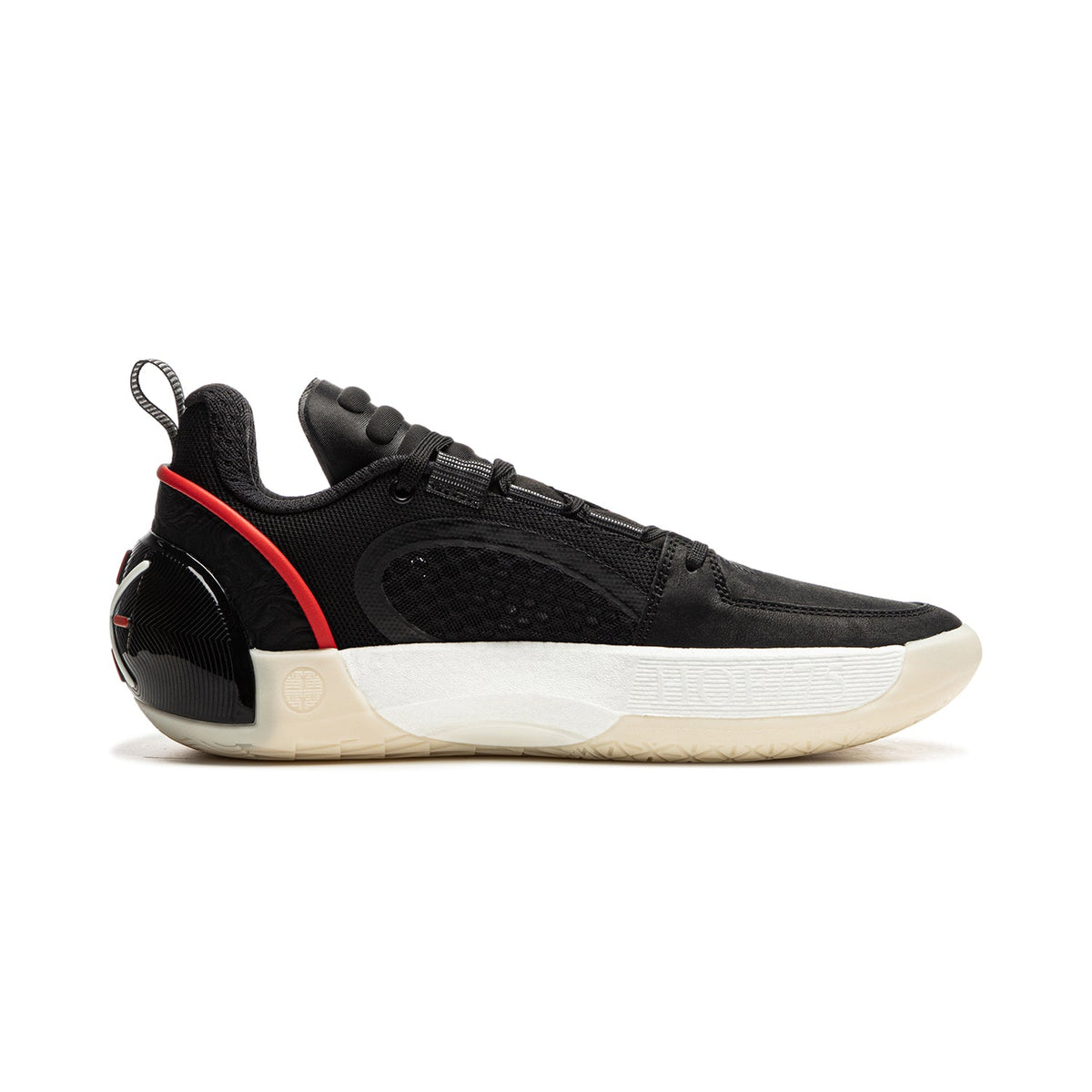 Men's black basketball shoes with red side accent, textured upper, lace-up.
