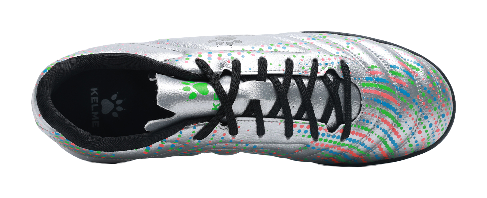 Silver unisex TF turf soccer shoe, black laces on speckled dot upper
