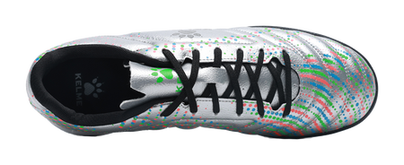 Silver unisex TF turf soccer shoe, black laces on speckled dot upper