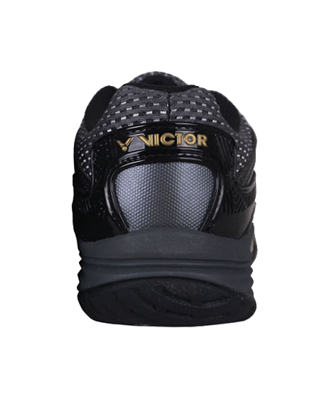 Unisex badminton shoe back view with VICTOR logo, black collar and gold trim