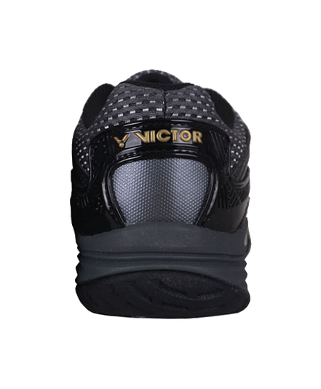 Unisex badminton shoe back view with VICTOR logo, black collar and gold trim