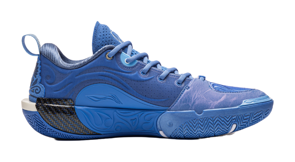 Blue lace-up basketball shoes, lateral side view with patterned outsole