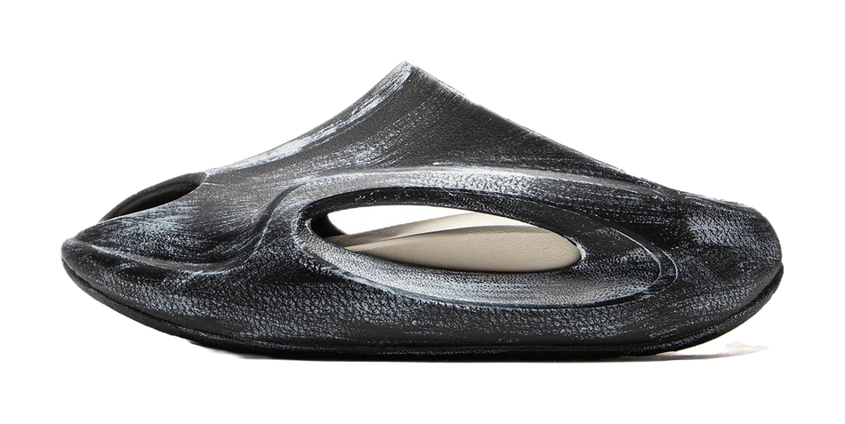 Black slide sandal slippers with open toe and contoured footbed.