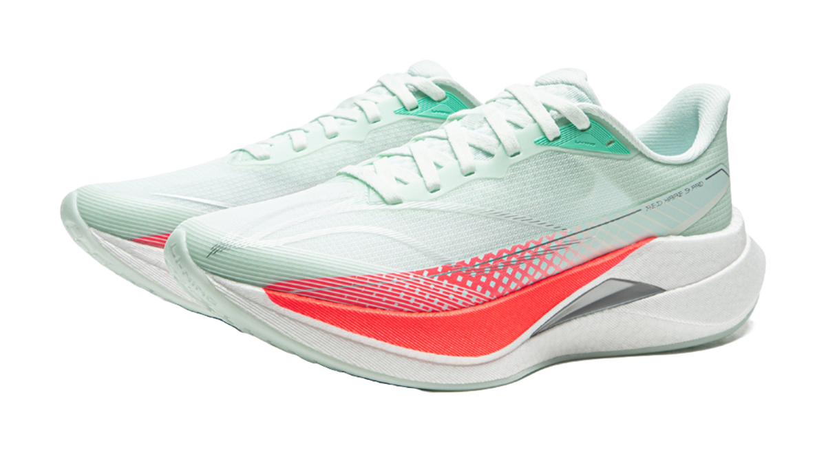 Light aqua running shoe, angled view with red outsole stripe and mint heel tab