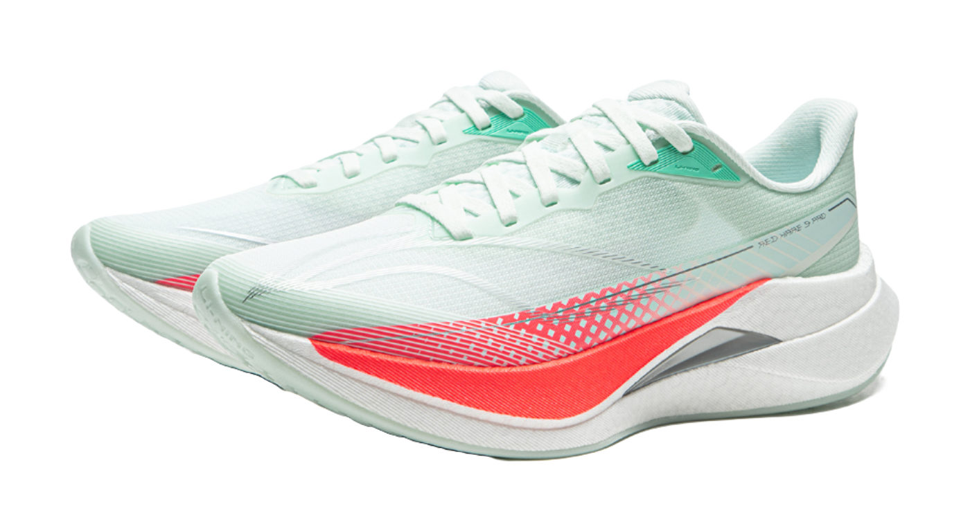 Light aqua running shoe, angled view with red outsole stripe and mint heel tab