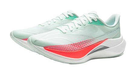 Light aqua running shoe, angled view with red outsole stripe and mint heel tab