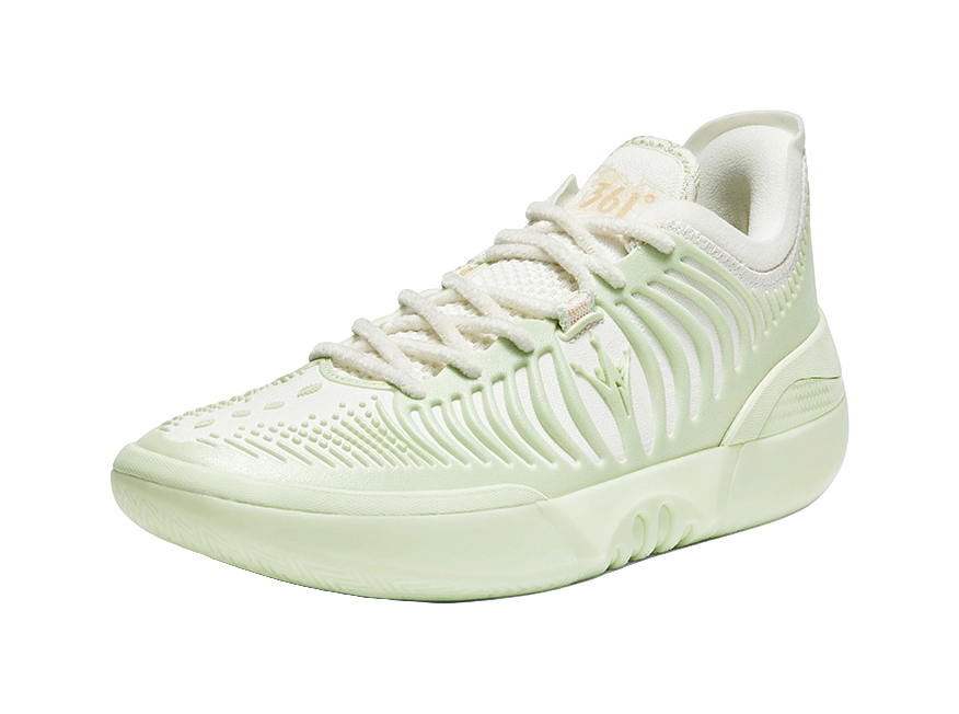 Low basketball shoe, mint green side view with ridged panels and lace-up closure