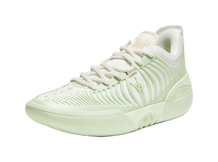 Low basketball shoe, mint green side view with ridged panels and lace-up closure