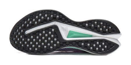 Black rubber outsole for lavender purple and white running shoe with green insert