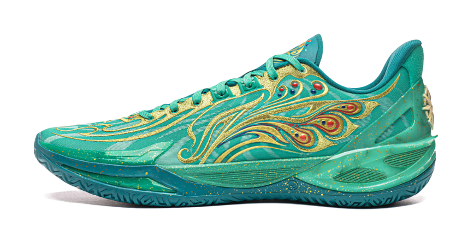 Jade green basketball shoe with gold phoenix graphic and teal lace-up upper