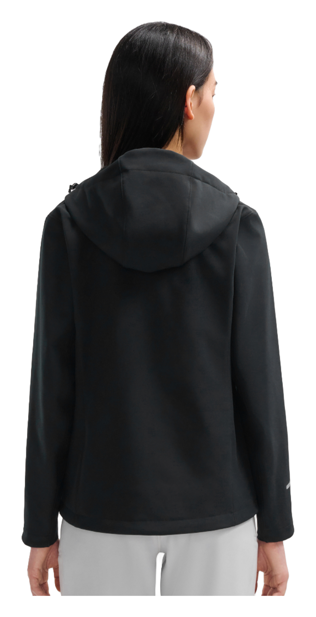 Women’s obsidian black soft shell jacket on model, back view with hood and full-zip front