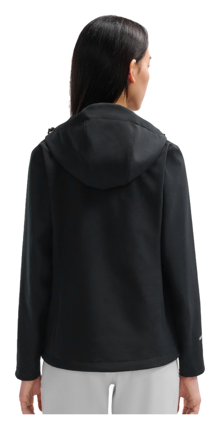 Women’s obsidian black soft shell jacket on model, back view with hood and full-zip front