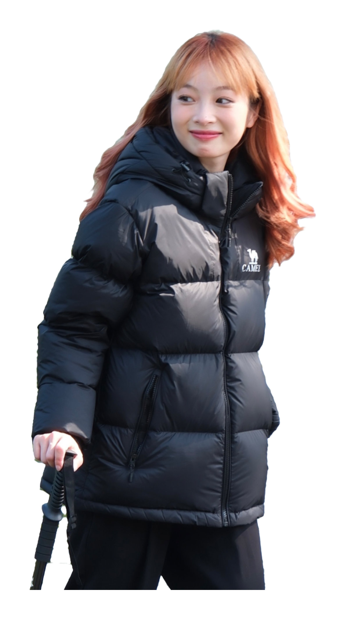 Unisex black down jacket with light gray center panel and CAMEL logo