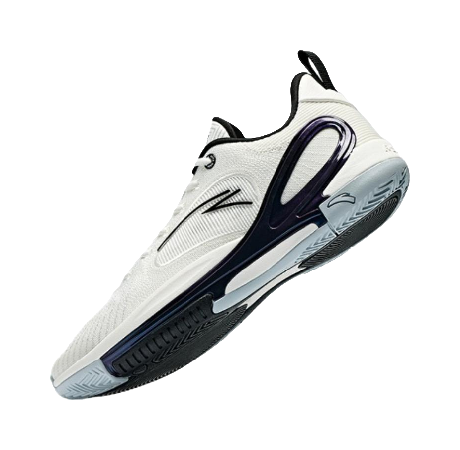 Men's low-top basketball shoes, white knit with navy heel and oval side panel
