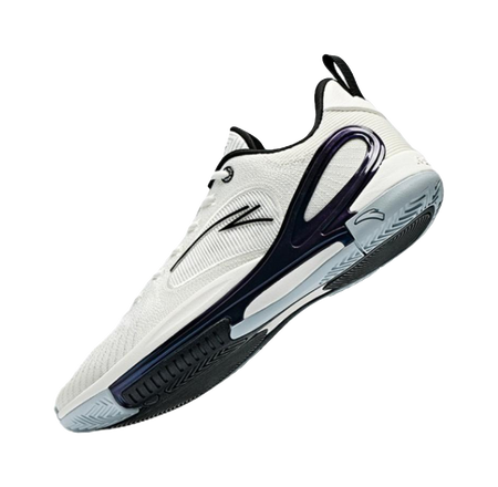 Men's low-top basketball shoes, white knit with navy heel and oval side panel