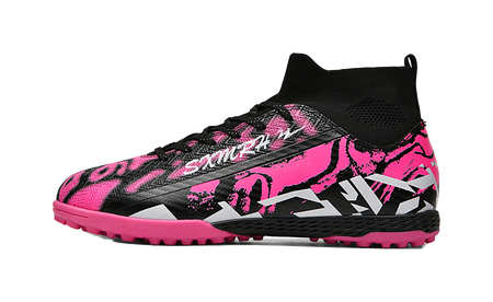 Soccer shoe with black upper, pink patterned side stripes, and pink outsole
