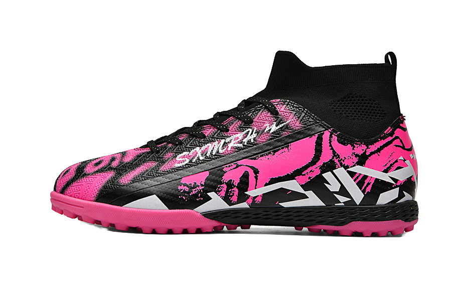 Soccer shoe with black upper, pink patterned side stripes, and pink outsole