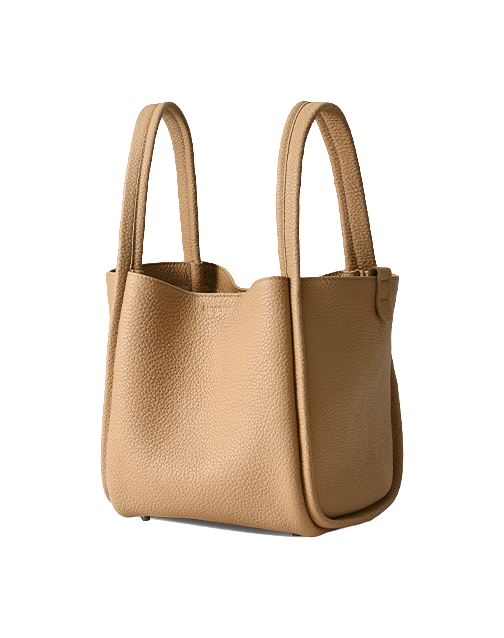 Medium leather basket bag with two top handles, tan beige leather with open top