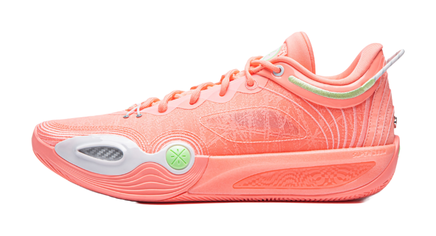 Men's low-top basketball shoes in pink-orange with green and gray details, lace-up