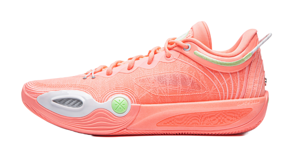Men's low-top basketball shoes in pink-orange with green and gray details, lace-up
