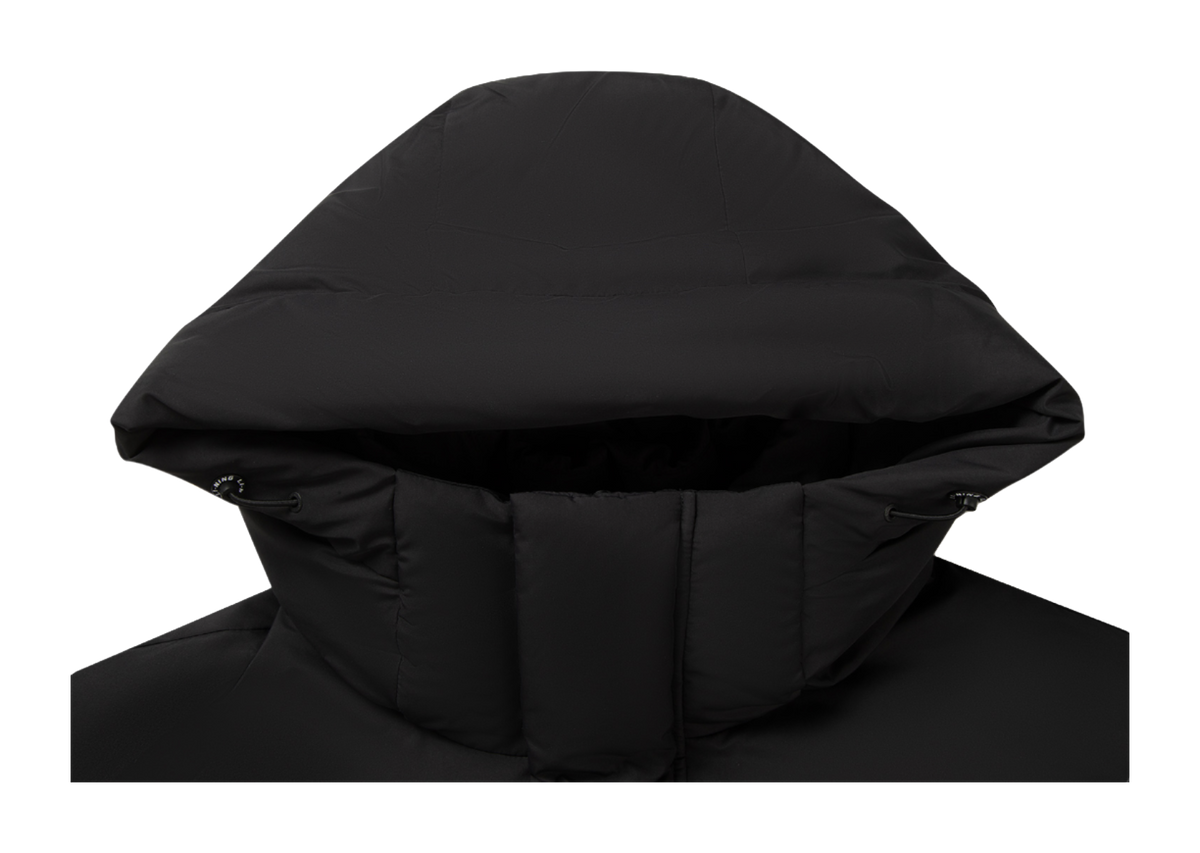 Black hooded down jacket with large quilted baffles and recessed front zipper