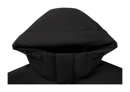 Black hooded down jacket with large quilted baffles and recessed front zipper
