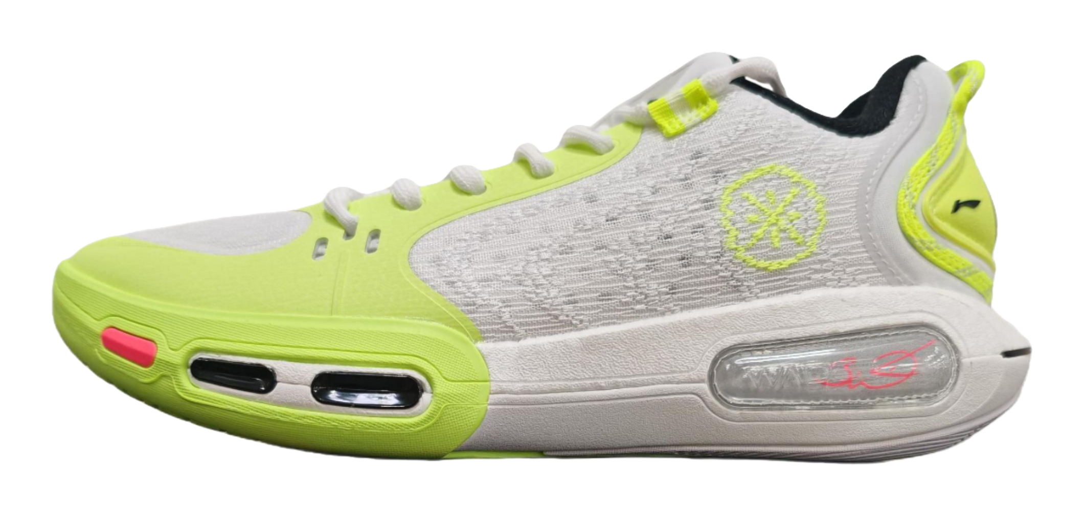 Neon green and white basketball shoe with lace-up front and air-window midsole