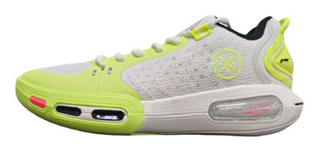 Neon green and white basketball shoe with lace-up front and air-window midsole