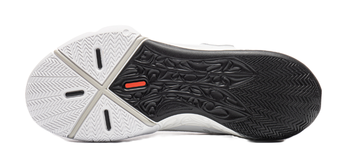 White basketball shoe outsole with black traction tread pattern