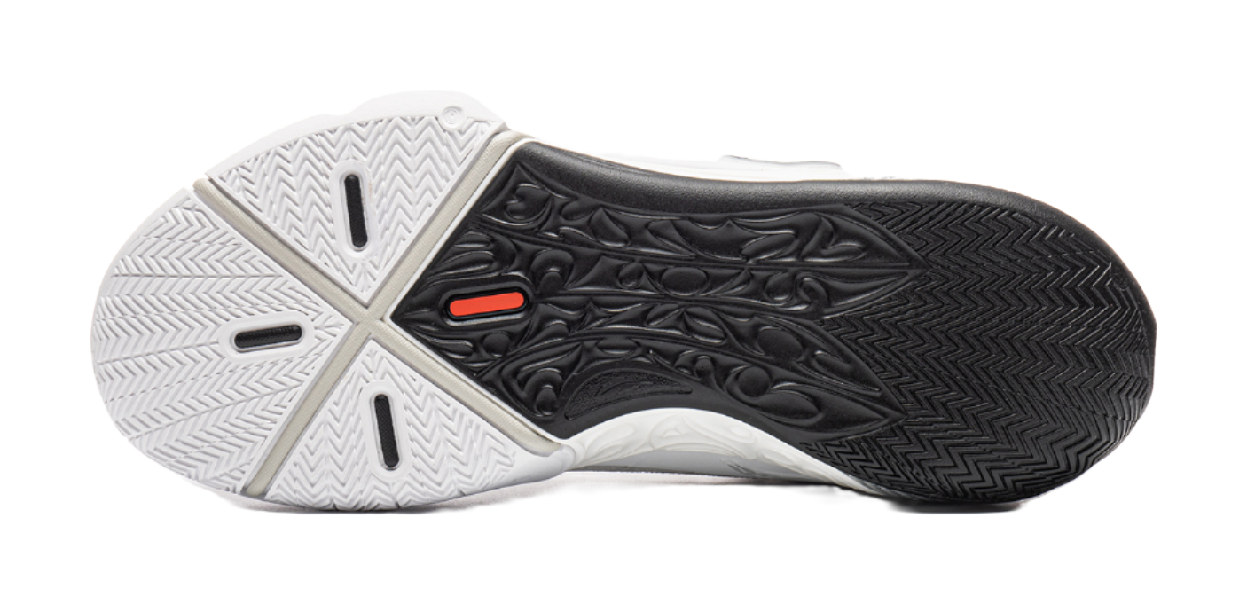 White basketball shoe outsole with black traction tread pattern
