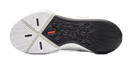 White basketball shoe outsole with black traction tread pattern